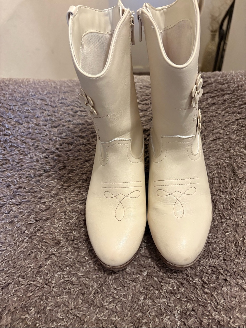 Girls grade school Cream Mid-Calf Leather Boots with Decorative Stitching